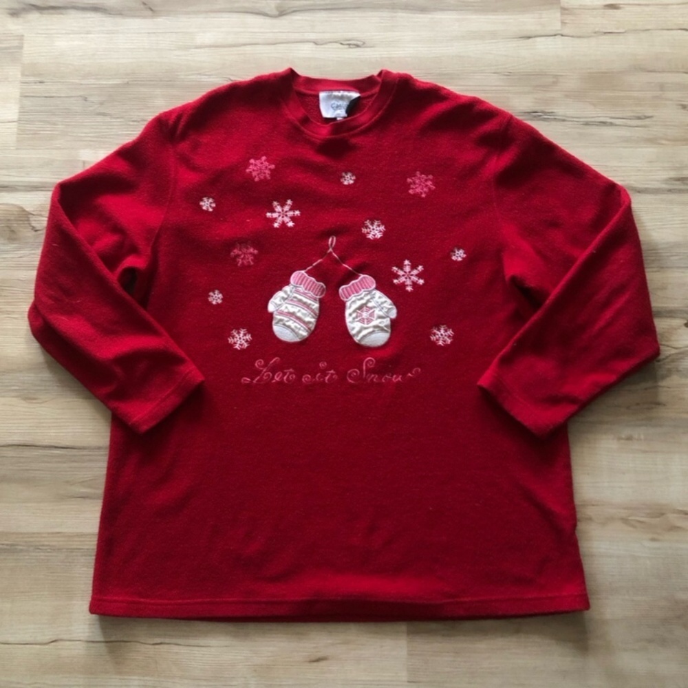 LET IT SNOW Vintage Red Sweater with Snowflake and Mitten Design